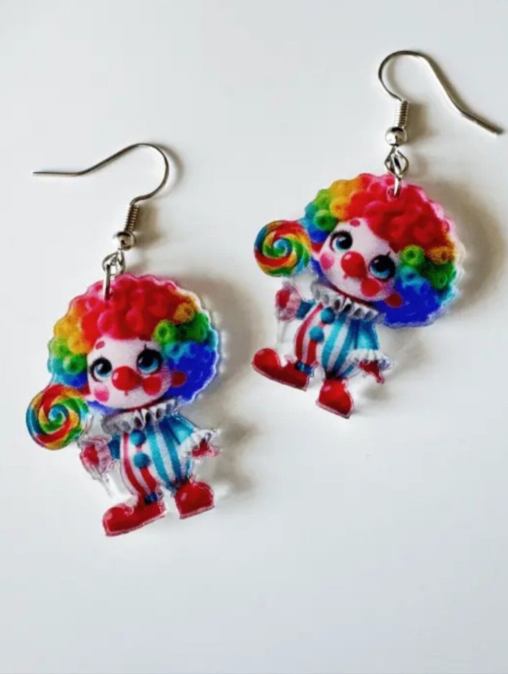 Hand Crafted Rainbow Clown Dangle Earrings - Red, Blue, Green, Yellow